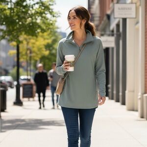 Land's End Shirt Womens Size‎ L Green Pocket Front 1/4 Zip Mock Neck Athleisure